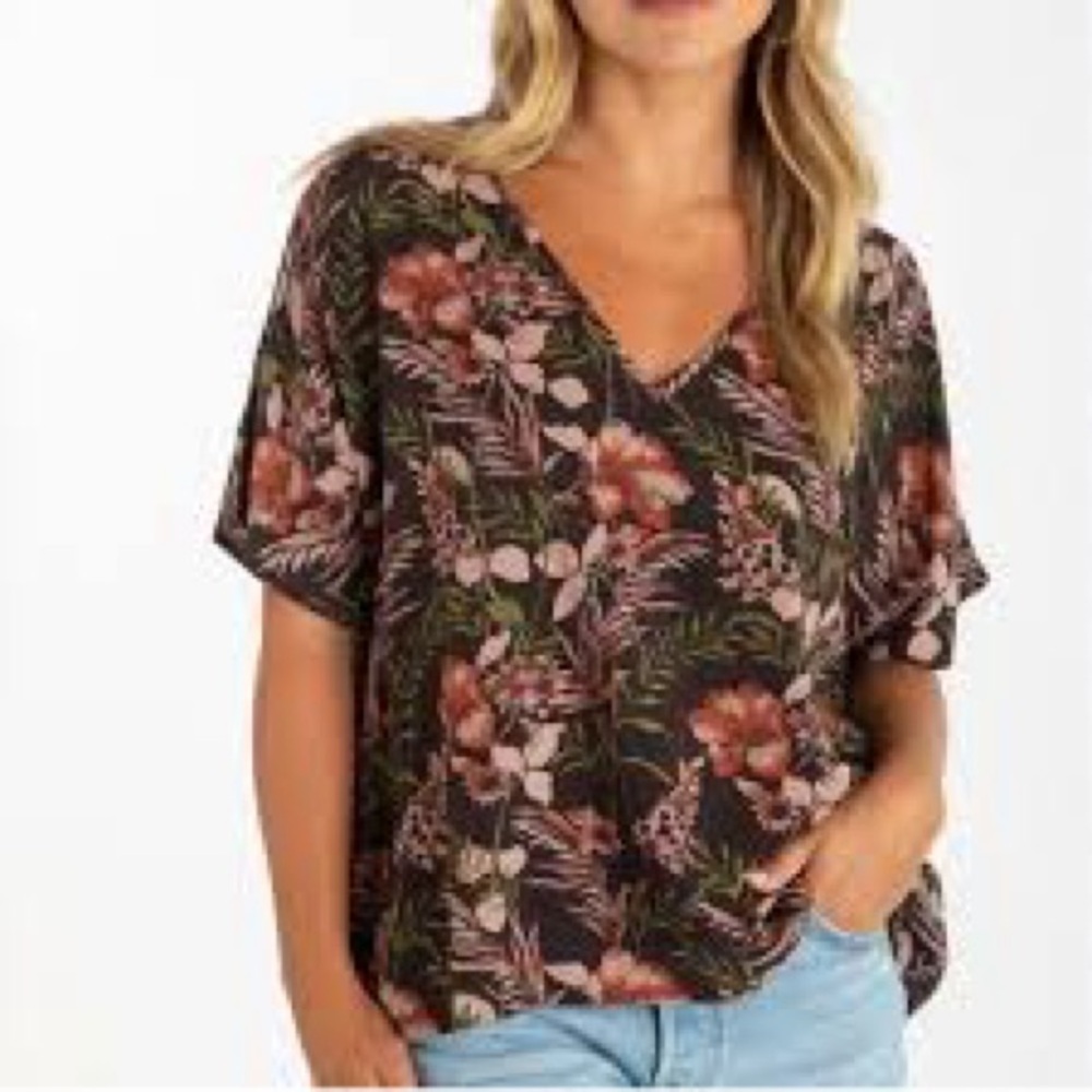 New Natural Life Easy V-Neck Top size xl brown floral print boho lightweight